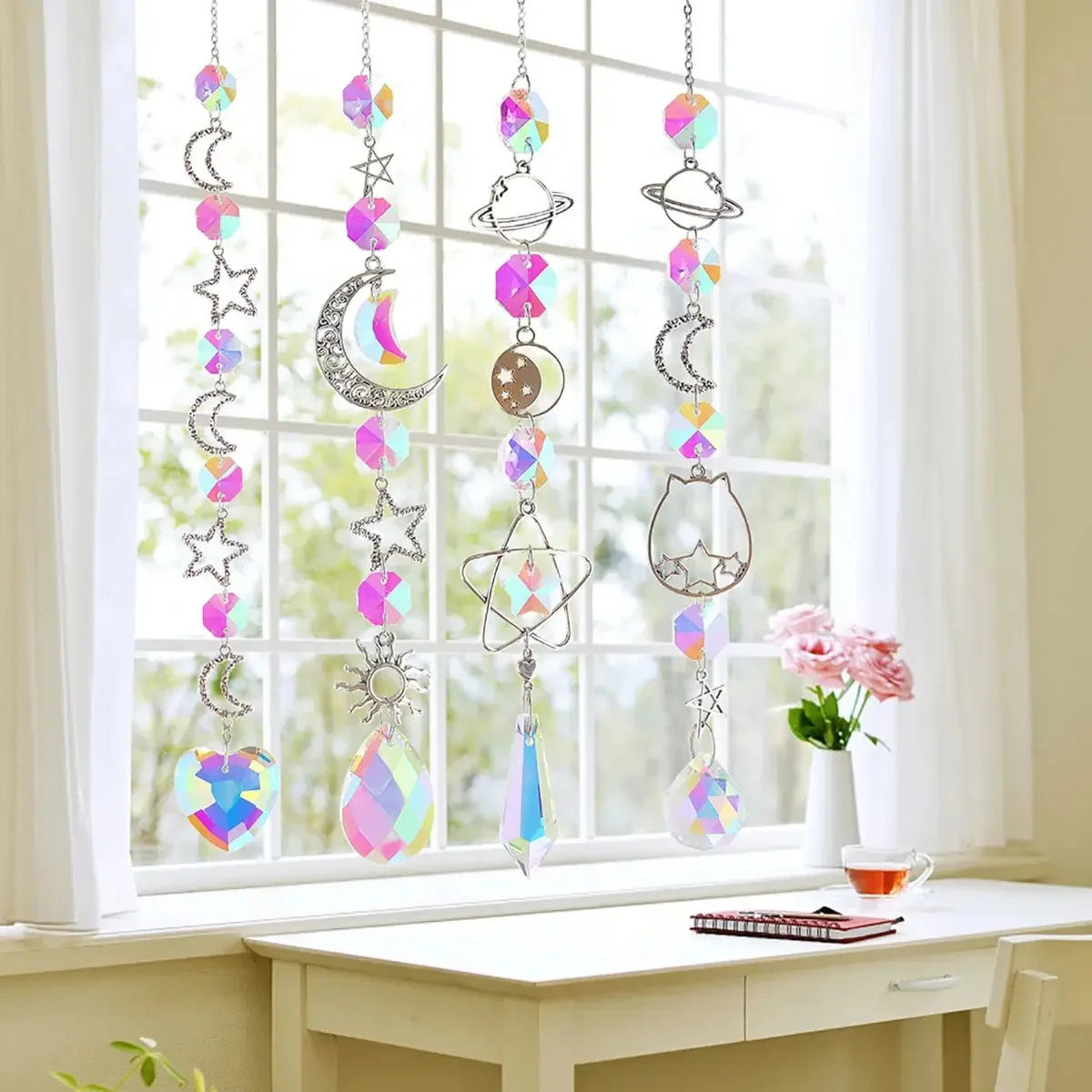 3Pc/set Galaxy Stars Moon Crystal Hanging Sun Light Catcher for Outdoor Garden Home Bedroom B Wall AB Colour Hanging Decoration