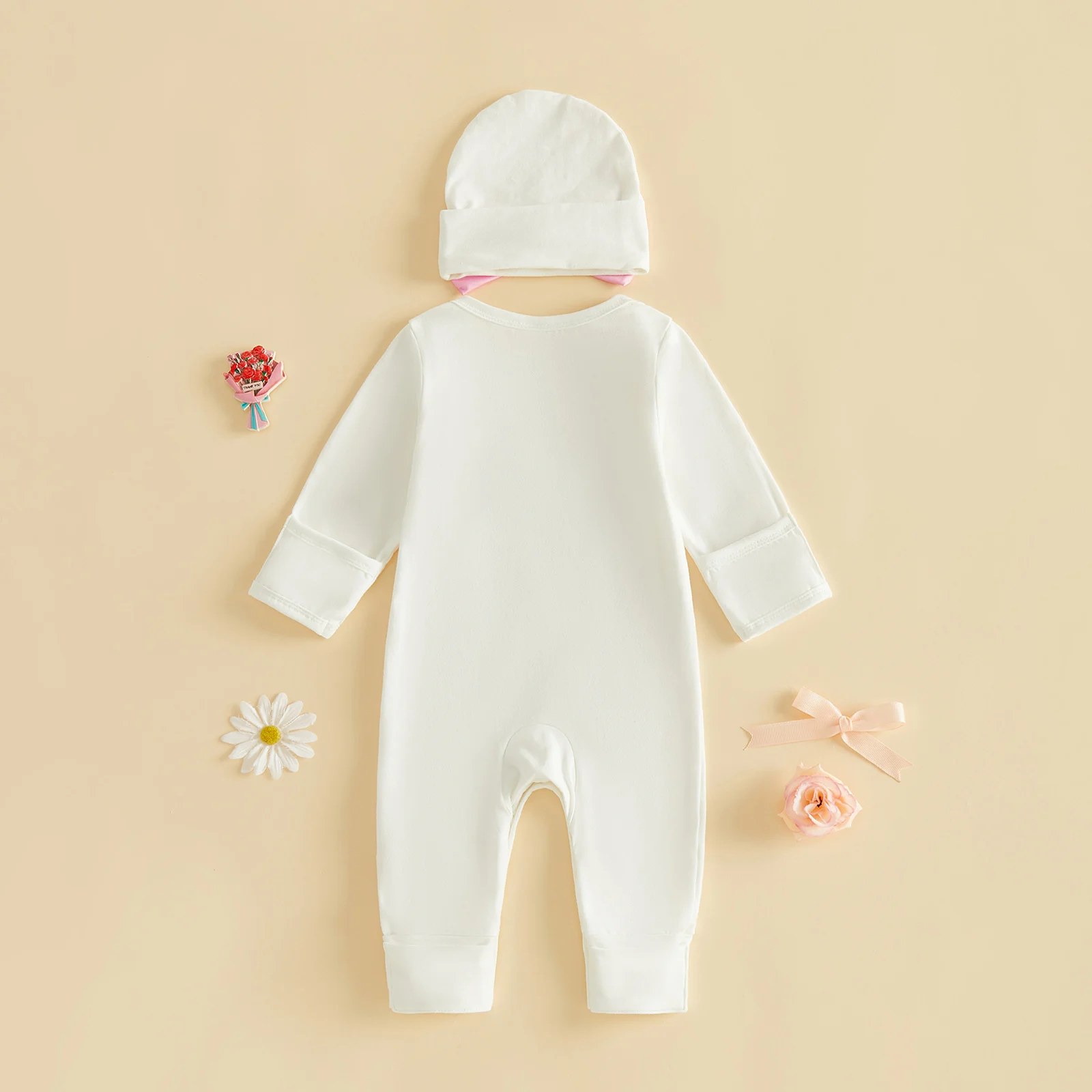 

Baby Girl Coming Home Outfit Cute Long Sleeve Crew Neck Letters Embroidery Romper and Bow Decor Hat Set