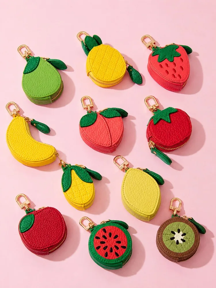 Cute Fruit Leather Keychain Mini Coin Purse Zipper Pouch For Backpack Charm Women Girl Summer Beach Vacation Accessories Gifts