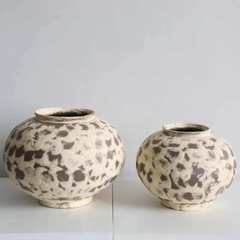 Wabi-sabi style retro stoneware flowerware Zen vase with dried flowers, old clay handmade clay pots, ceramics homestay