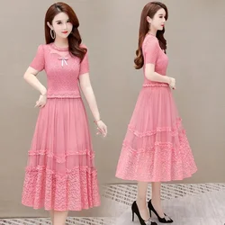 Fashion Lace Mesh Dress Women 2024 New Summer Short Sleeved Fake Two Pieces Elasti Pleated Long Dress High Quality Lady Vestidos