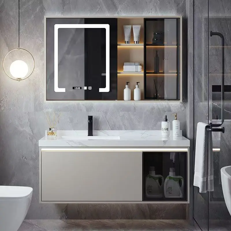 Modern LED Smart Mirror Wooden Floating Cabinet Wall Mounted Bathroom Vanity Set With Seamless Sink