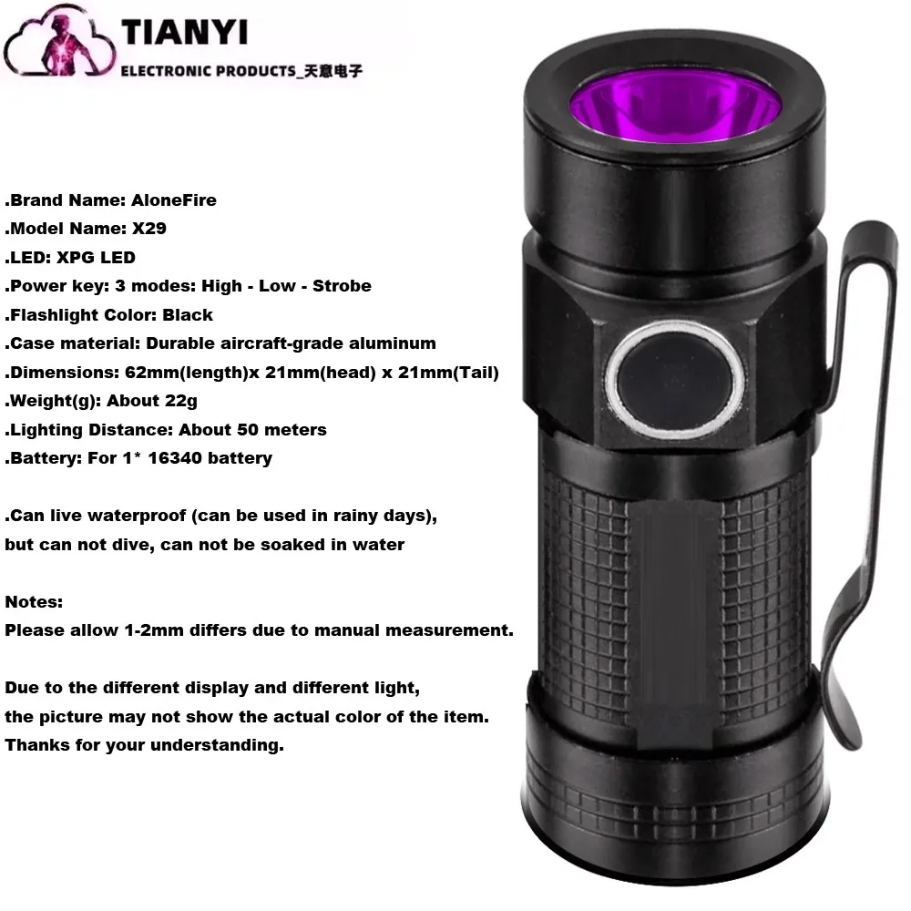 X29 Small 395nm purple flashlight fixed focus waterproof 16340 lithium battery 3w suitable for outdoor scorpion hunting