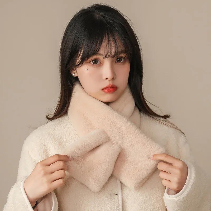 Women Winter Warm Thicken Scarfs Solid Color Faux Rabbit Fur Plush Cross Collar Scarf Shawl Elegant Warm Soft Comfortable Scarf