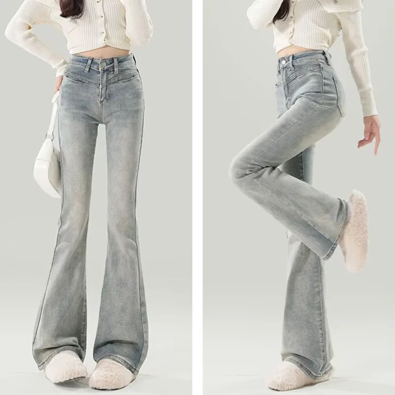 Hot Sale Girls Solid Color Flared Jeans Lady Korean Blue Thin High Waist Stretch Trousers Women Slim Fit Denim Pants