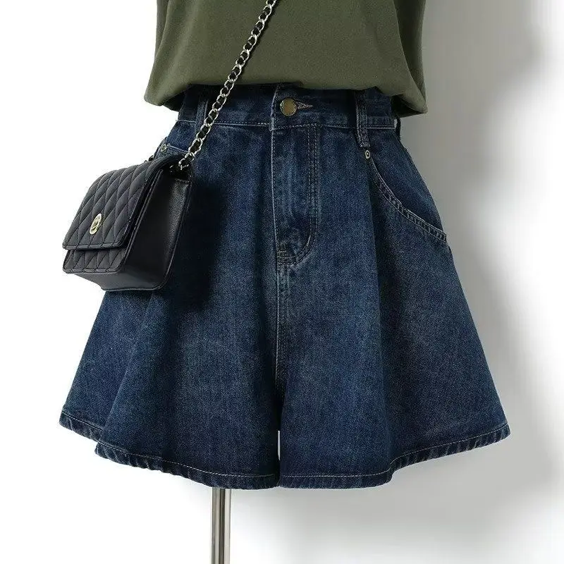 Summer and Autumn Leisure Commuting Dark Blue Loose Slim Fit Denim A-Line Wide Leg Shorts for Women