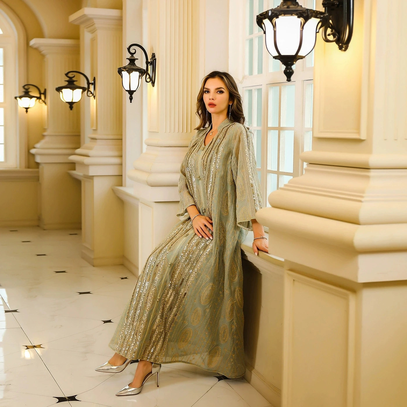 New Middle East Dubai Embroidered Long Robe Dr Sequin Patchwork Net Gown iny Sequin Dr Ethnic Sle Loose Waist Long ...