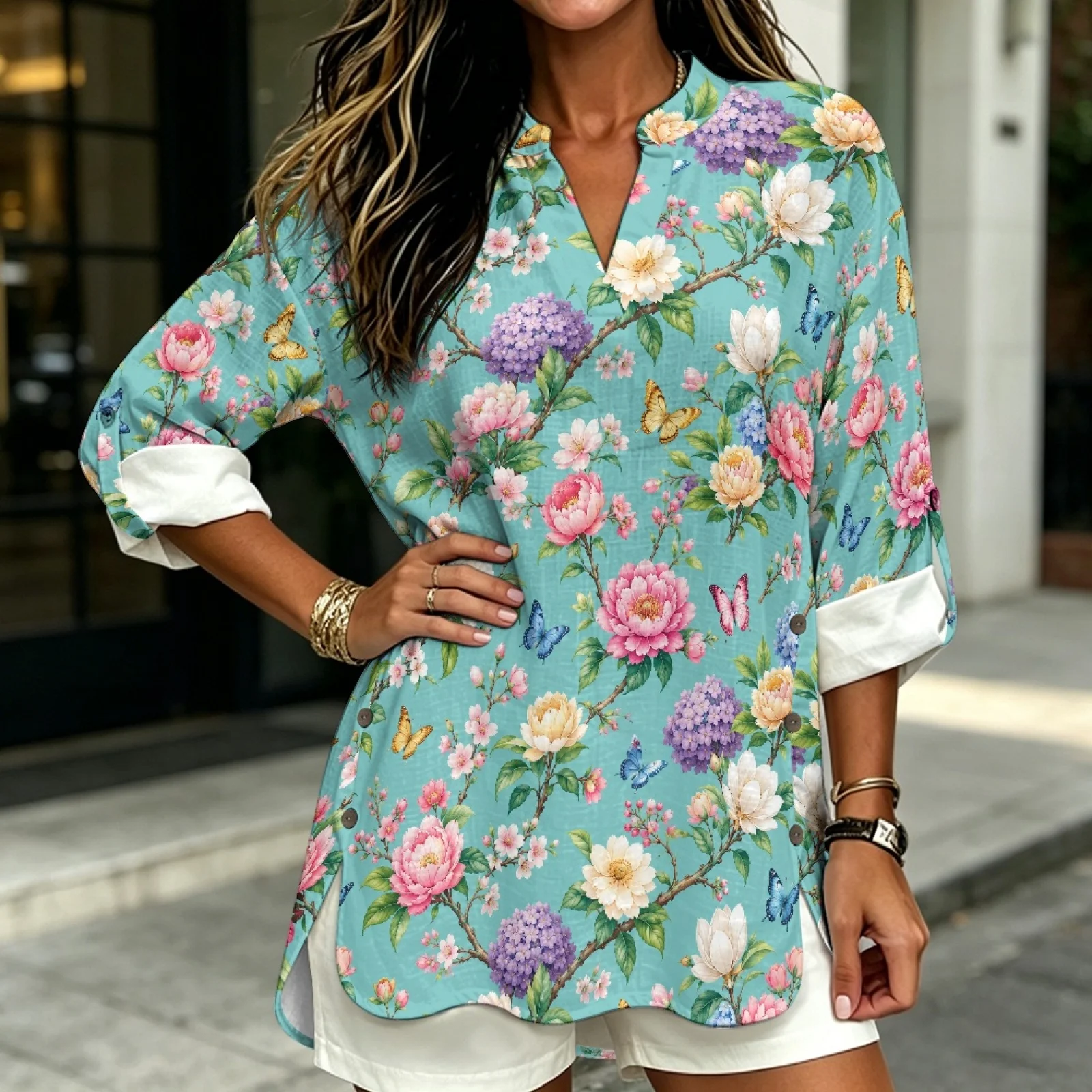 PENSTROLL Floral Butterfly Print Side Slit Women's Blouse for Travel Linen Like Long Sleeve Tops Sizes S-5XL