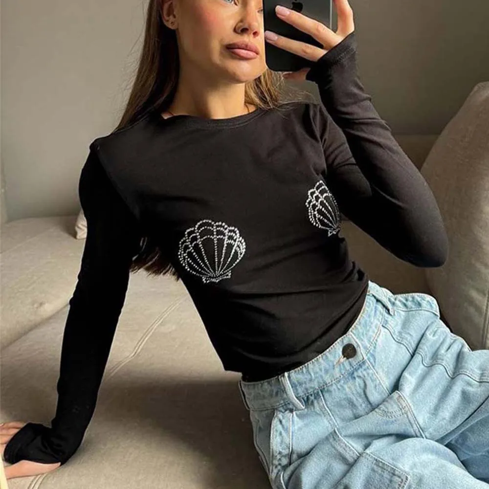 2025年夏新作 INS風小さめトップス ラウンドネック ラインストーン スリムフィット 長袖 ストリートスタイル Tシャツ