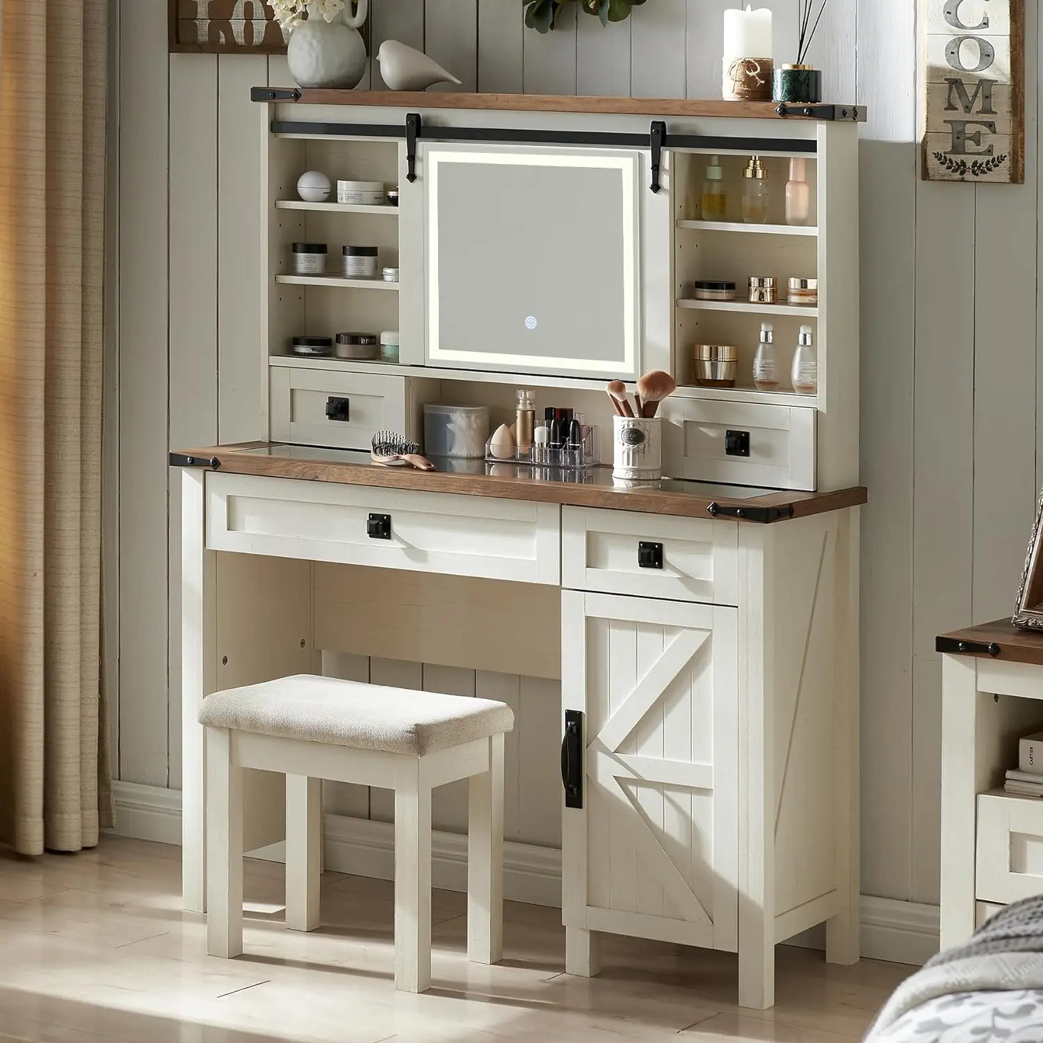 

Farmhouse Makeup Vanity Desk with Sliding Mirror and Lights, Glass Tabletop Vanity Table with 2 Drawers & Shelves