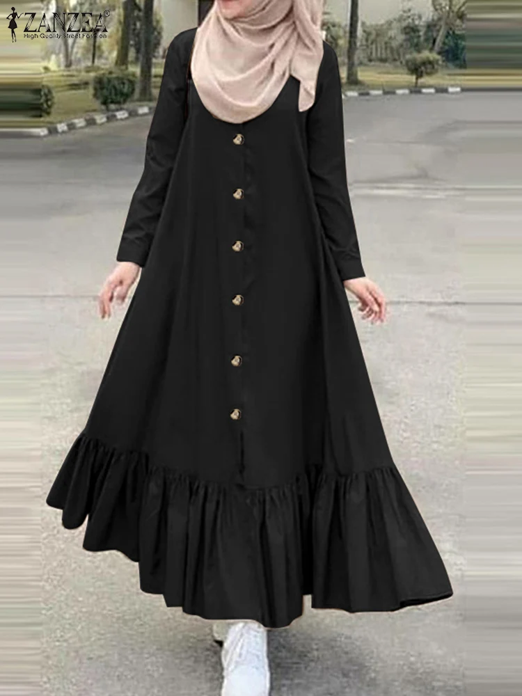 Zanzea islâmico babados hem maxi vestido feminino muçulmano hijab manga longa solto casual abaya robe o pescoço dubai outono 2024 vestidos