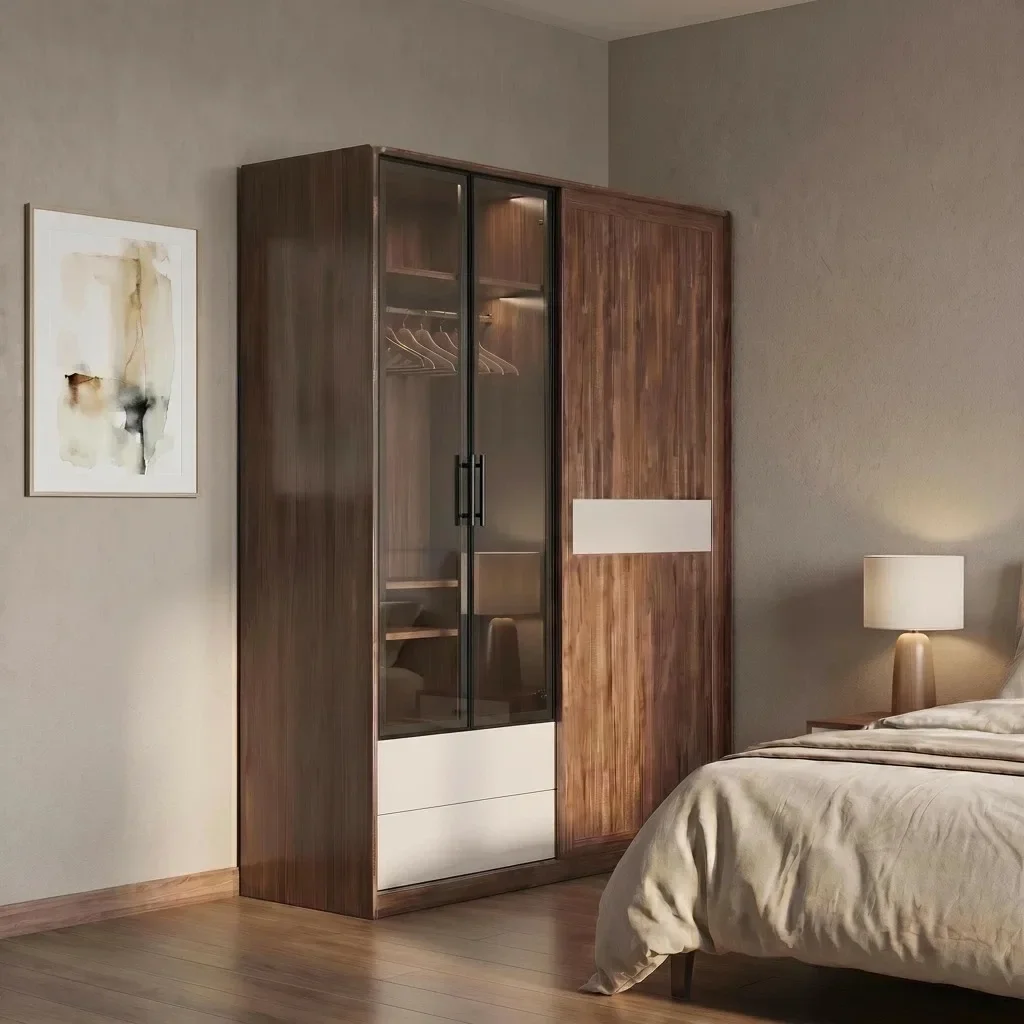 PYH solid wood sliding wardrobe sliding door hanging rod glass small apartment and bedroom layered partitions