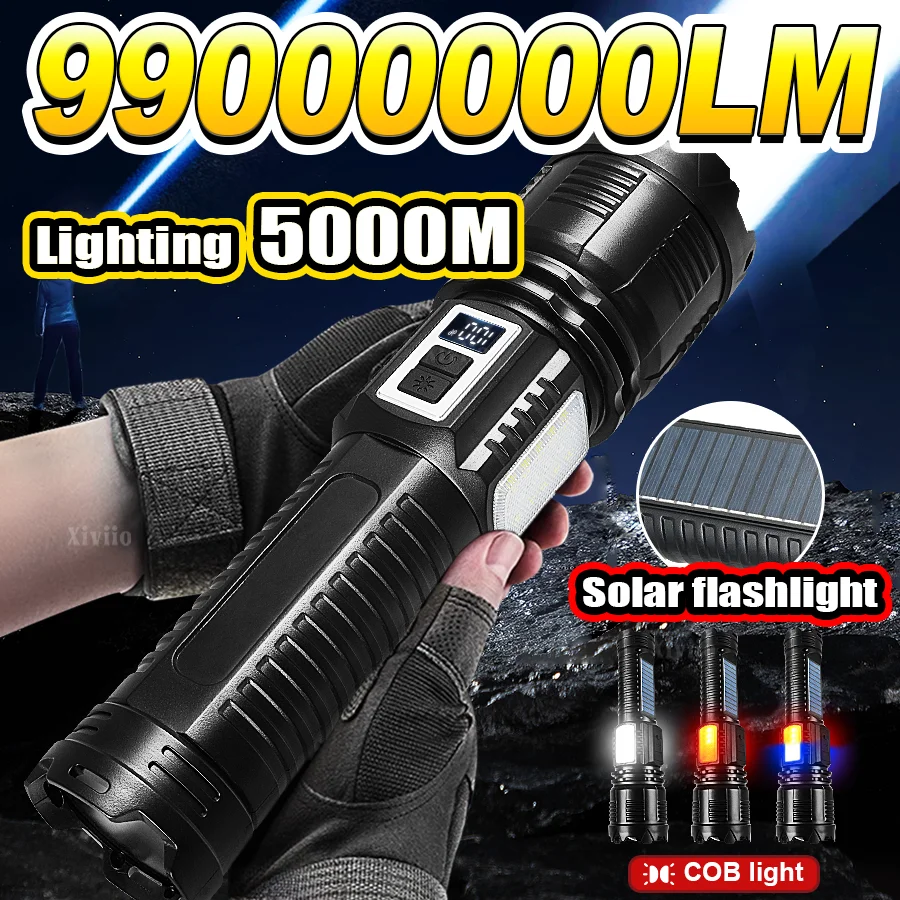 99000000 لومن ترقية جديدة مصباح LED شمسي فائق السطوع شاحن ثنائي الوضع عالي الطاقة: USB + شحن بالطاقة الشمسية ضوء كشاف بعيد المدى 5000 متر مثالي لصيد الأسماك والتخييم والطوارئ