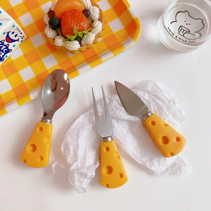3 Pcs Cheese Shape Dinnerware Set Mini Stainless Steel Knife Fork Spoon Flatware Safe Kitchen Tablewar