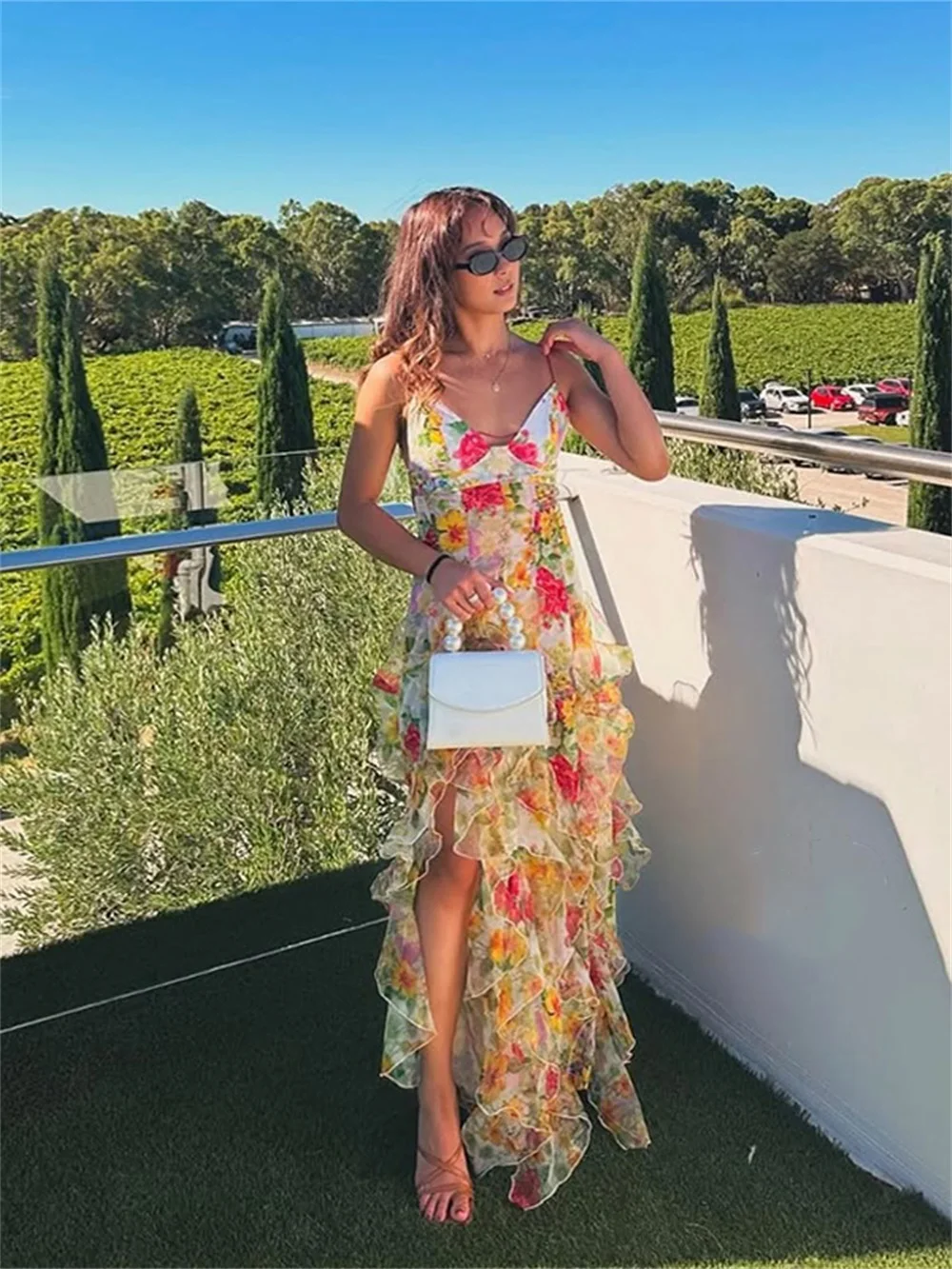 EINY 쉬폰 프린트 프릴 슬립 드레스 여성 섹시한 Strapless 민소매 Backless 분할 파티 이브닝 드레스 세련된 숙녀 드레스 y2k Traf