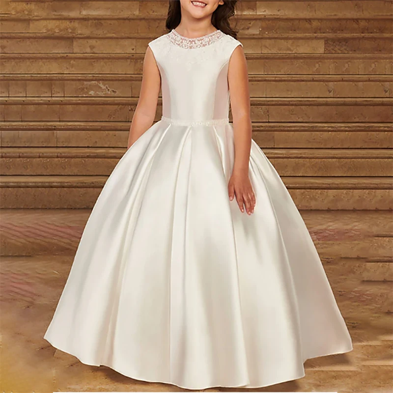 Branco em torno do pescoço flor menina vestidos de casamento sem mangas rendas festa princesa elegante vestido de festa de aniversário personalizado