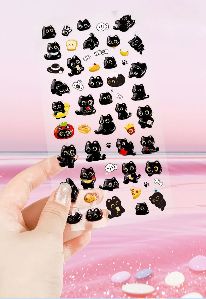 2sheets Cartoon Three-dimensional Floating Fun Stickers Black Cat Cute Embossed Mobile Phone Scrapbook Stickers