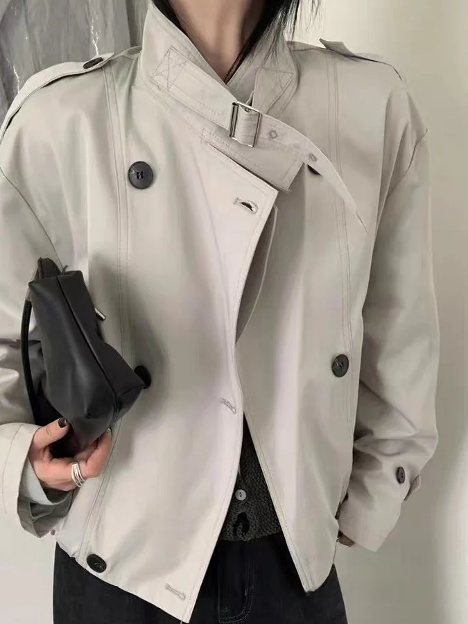 

Faionable ort Women's Windbreaker 2025 Autumn New England Sle Stand Collar Double Buttoned Leather Coat Trendy Outerwear