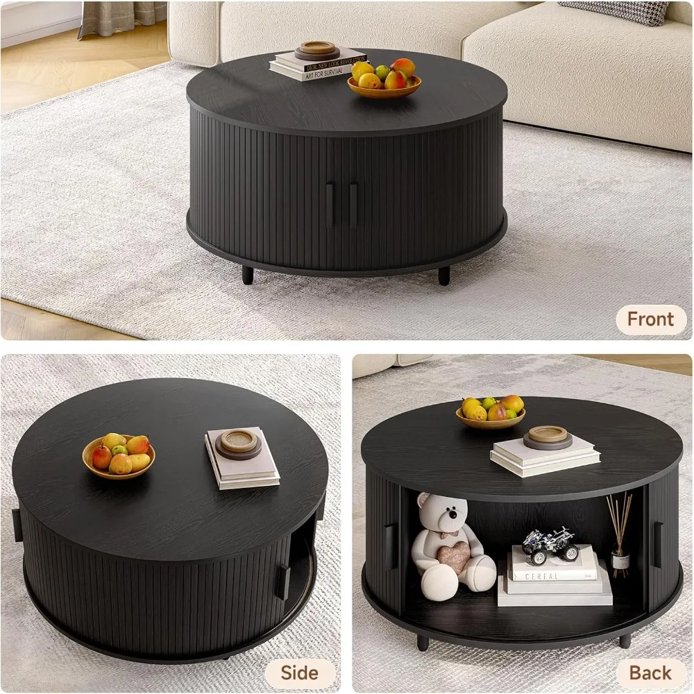 Contemporary 31.5 Circular Coffee Table with Fluted Wood Design and 360° Sliding Storage Access