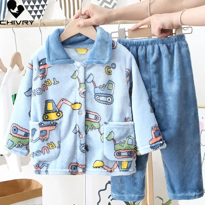 New Kids Boys Girls Autumn Winter Flannel Pajama Sets Cute Cartoon Long Sleeve Lapel Tops with Pants Baby Sleepwear Clothing