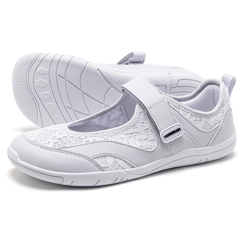 HOBIBEAR Damen Barfuß-Ballerinas mit Klettverschluss, breiter Zehenbox, Mesh-Blumenmuster, Mary-Jane-Schuhe