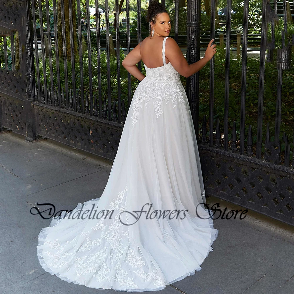 Exquisite Wedding Dresses Tulle Square Collar Sleeveless Bride Gowns With Lace Applique A-Line Sweep Train Vestido De Noiva