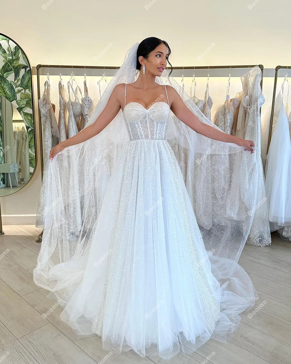 Booma-vestidos de novia brillantes de una línea para mujer, vestidos de novia con corsé de hueso de corazón, vestidos de novia largos hasta el suelo, vestidos de novia