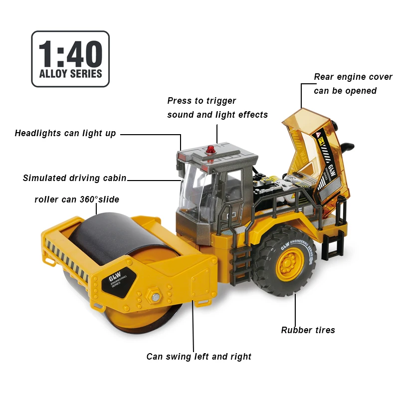 Road Roller Model Alloy+PlasticDiecast Engineering Construction Play Vehicles Sound Light Pull Back Collections Toy For Children