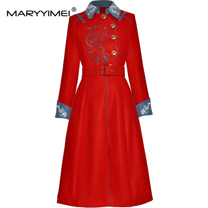 MARYYIMEI Fashion Runway Autumn Winter Women's Coat Turn-Down Collar Long Sleeved Embroidery Single-breasted Lace-Up Overcoat