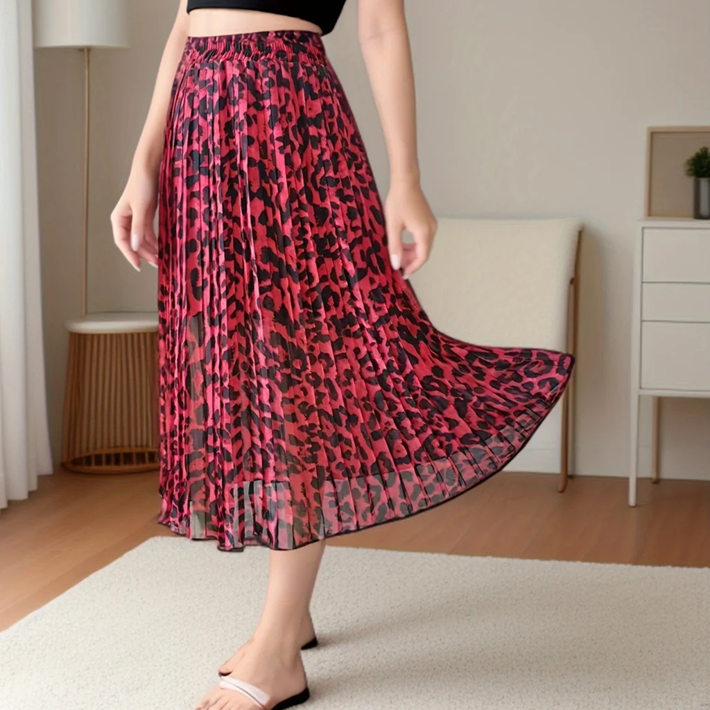 Leopard Pleated Long Skirt Women Vintage Elastic High Waisted A-Line Chiffon Beach Skirt Spring Summer Autumn 2025 New