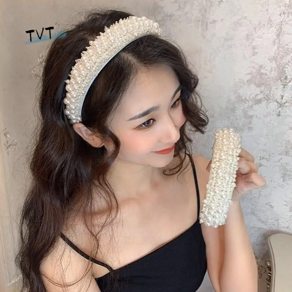 

Sweet Wide Side Bridal Hair Hoop Baroque Korean Style Pearl Headbands Handmade Large Women Hairbands Girl