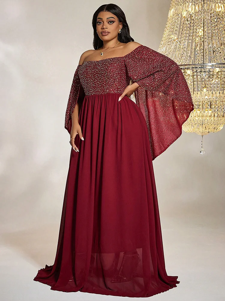 TOLEEN Women Plus Size Maxi Dresses Fashion Wine Red Sequin Chiffon Dress Bat Sleeve Line Neck Heavy Industry PROM Dress