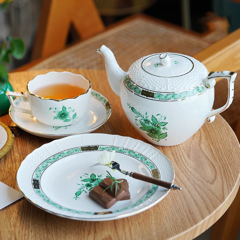 Coffee Cup Saucer Pot Retro Green Butterfly Flower Print Afternoon Teaset Ceramic Scented Tea Cup Dessert Plate Home Drinkware