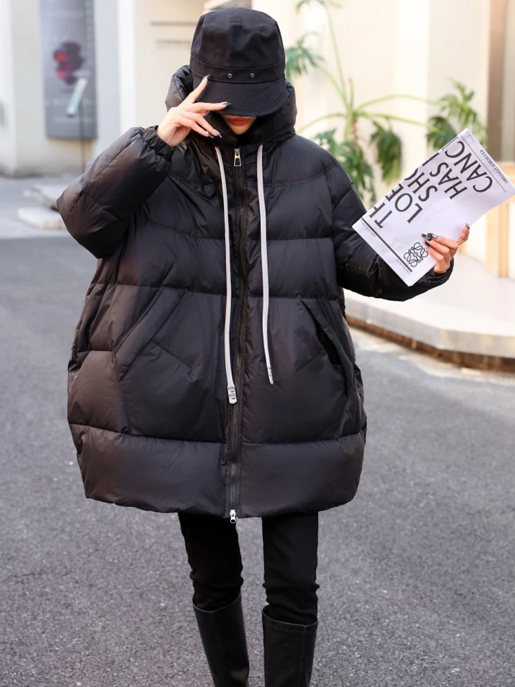 Oversize women 90% white duck down with hooded 2024 Fall winter Fashion Pockets zipper puffer coat Warm Solid color INKEO DJ047