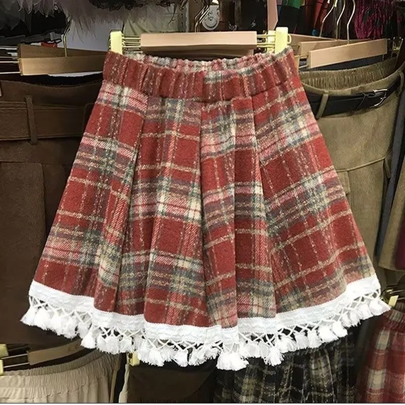 Women's Vintage Kawaii Plaid A-Line Mini Skirt Korean Fashion Tweed Tassel Ruffle High Waist Autumn Winter Cute Pleated Skirts