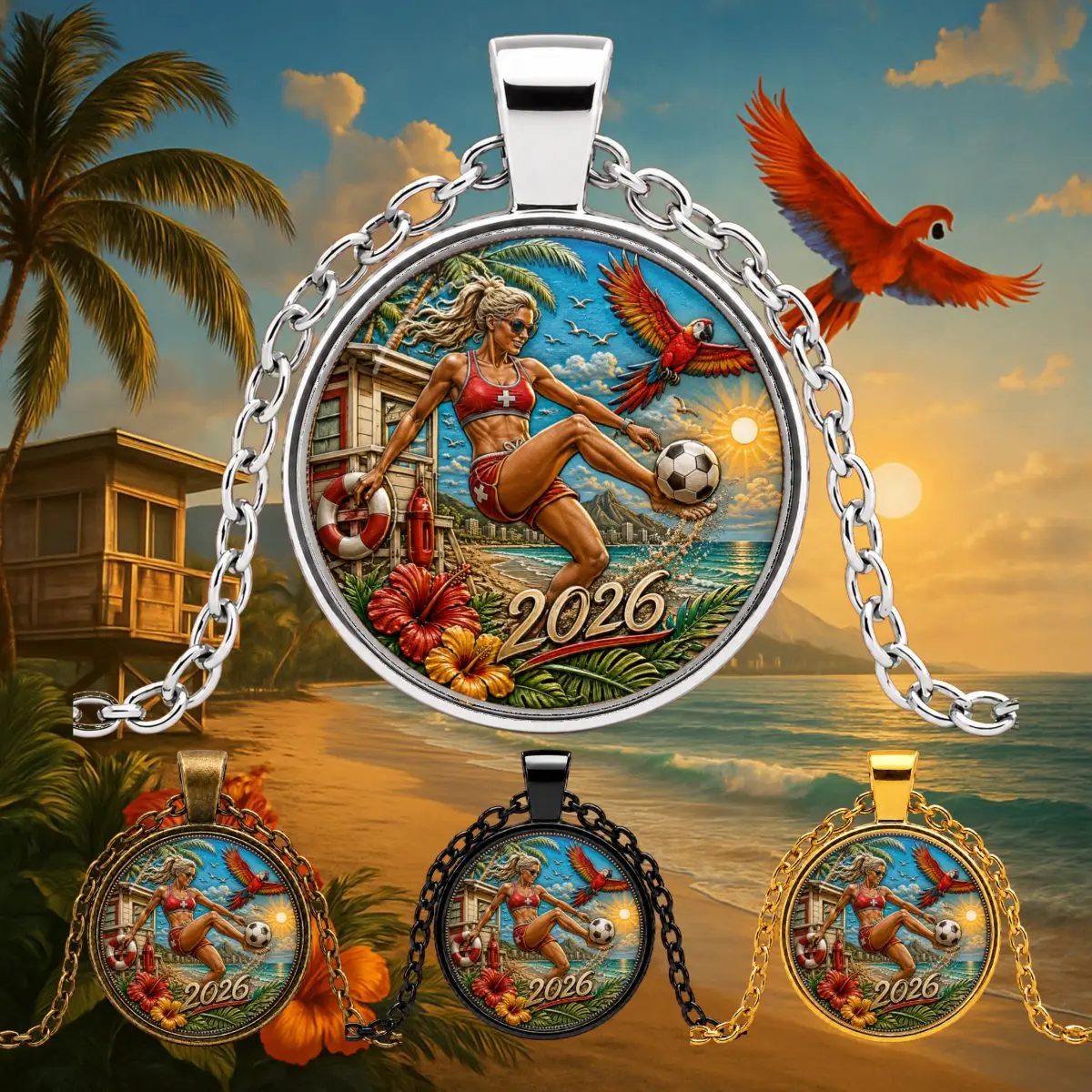 1PC Zinc Alloy Pendant Necklace 2026 Tropical Beach Sports With Round Scenic Insert, Sunset Coast Parrot Palm Tree Soccer Girl Charm Jewelry, Matching Gift Accessory Key Chain