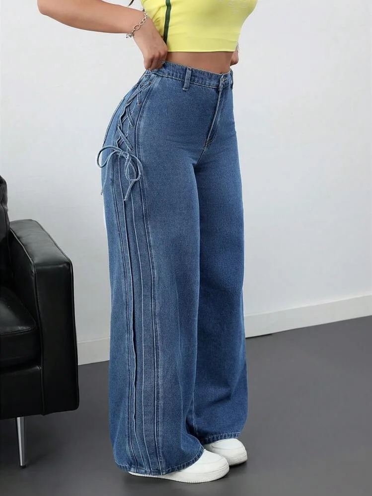 High Waist Straight Leg Denim Jeans Women's  Knot Side Tie Design Sensual Casual High Waist Straight Tube Jeans