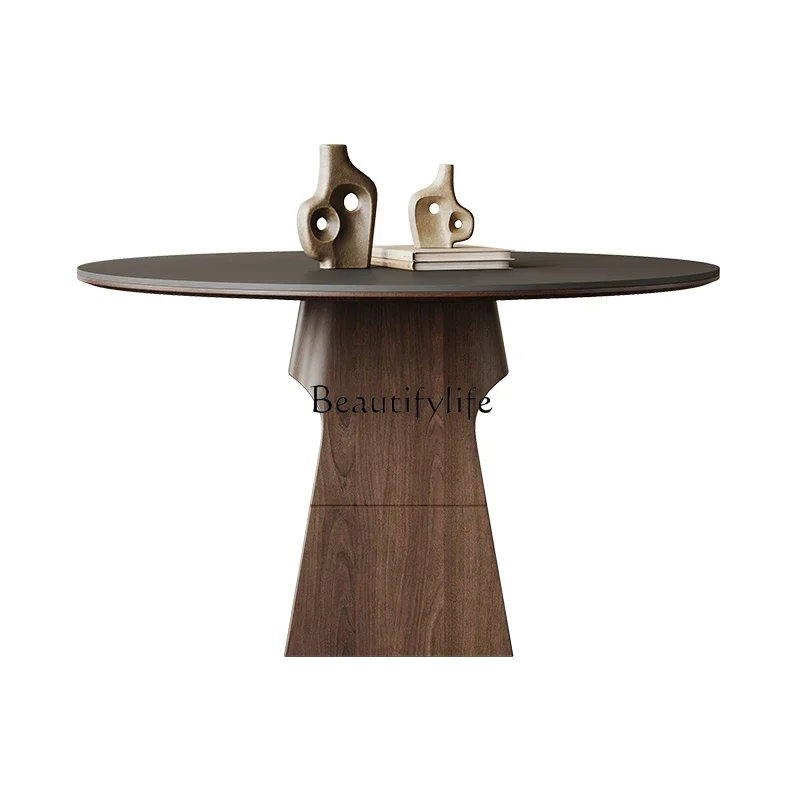 

55Italian solid wood dining table round modern simple small apartment light luxury high-end rock slab dining table