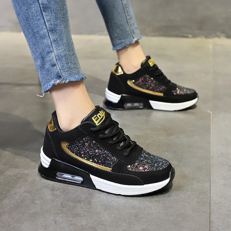 Women Lace Up Sneakers Glitter Autumn Flat Vulcanized Ladies Bling Casual Female Fashion Platform Plus Size Shoes 2022