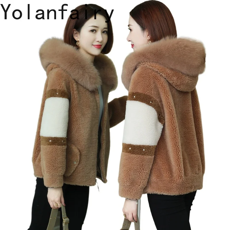 

YOLANFAIRY Real Fur Coat Women's Fox Fur Collar Hooded Sheep Sheared Fleece Coats Grain 100% Wool Fur Jacket Winter Fashion