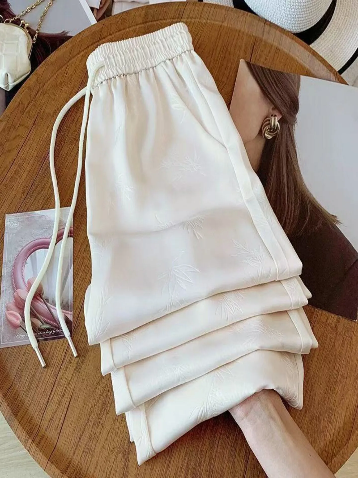 

New Chinese Style Loose Casual Pants for Women Summer Thin Drapey Straight Leg Wide Leg Pants High Waist Tied Rope Bamboo Lea...