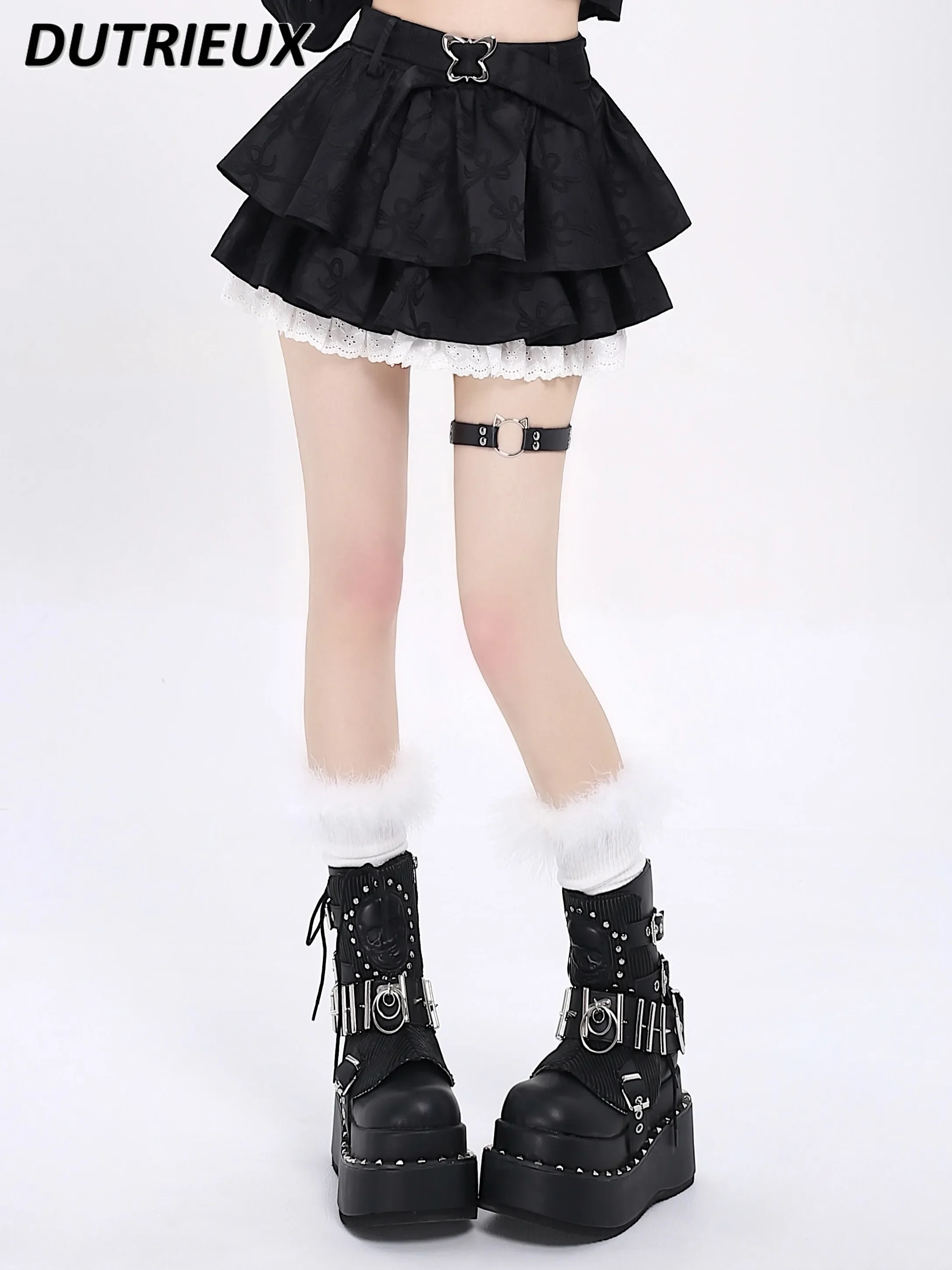 Lolita Original Bow Dark Pattern Bubble Skirt Women 2024 Summer New A- Line Hot Girl Short Cake Skirts Female Y2k Pleated Skirt