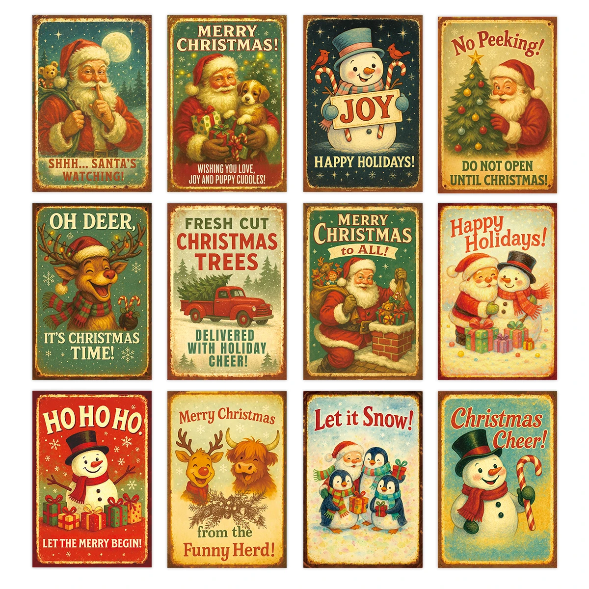 12 Stück Vintage-Weihnachtswandkarten-Drucke mit klassischem Weihnachtsmann, rustikale Bauernhaus-Dekoration für Kaminsims, Regal, Foto-Requisiten, Geschenkkarten