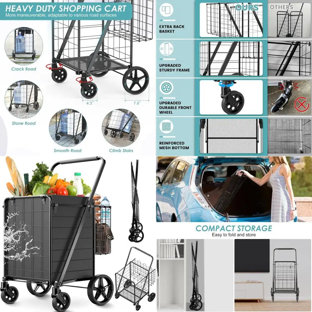 

Jumbo Grocery Cart with Waterproof Liner, 360° Swivel Wheels, Double Basket, Heavy Duty for Laundry and Groceries