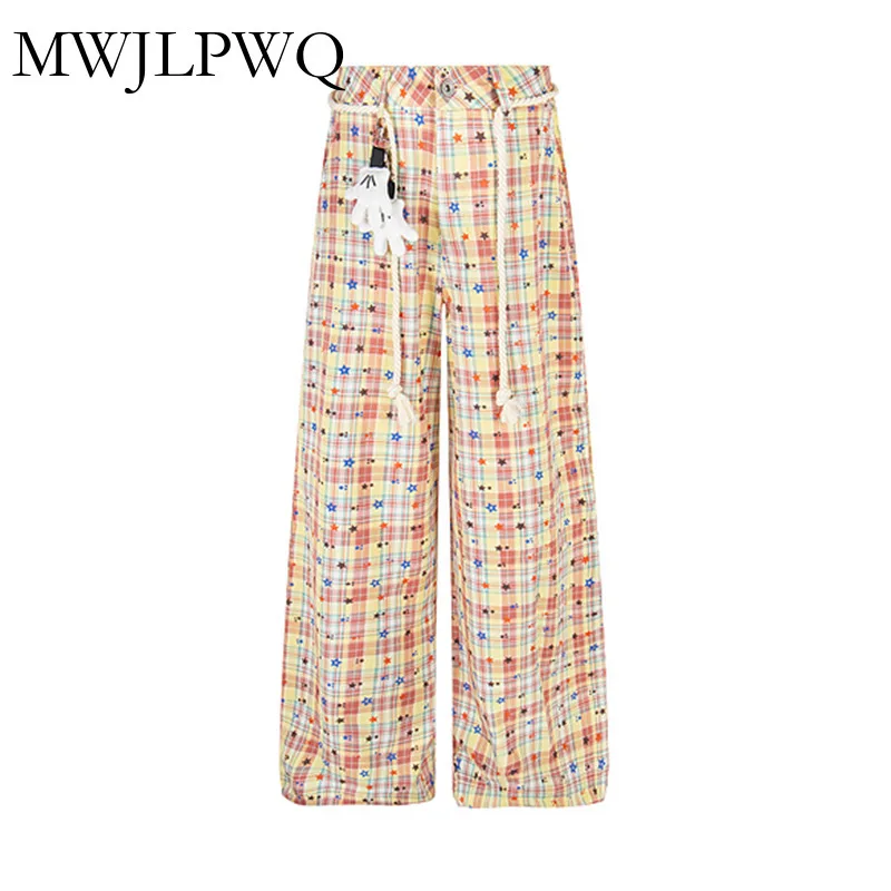 

MWJLPWQ American Style Star Print Color-Block Plaid Trousers Men Hip-Hop Draped Niche Design Loose Unisex Wide-Leg Pants 010912