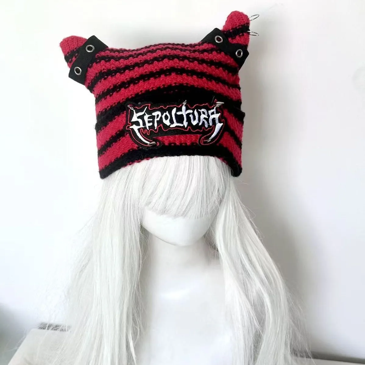 Y2K Girl Harajuku Gothic Black Red Stripes Lolita Knitted Hat Women Punk Designer Beanie Hat Spice Girl Streetwear Accessories