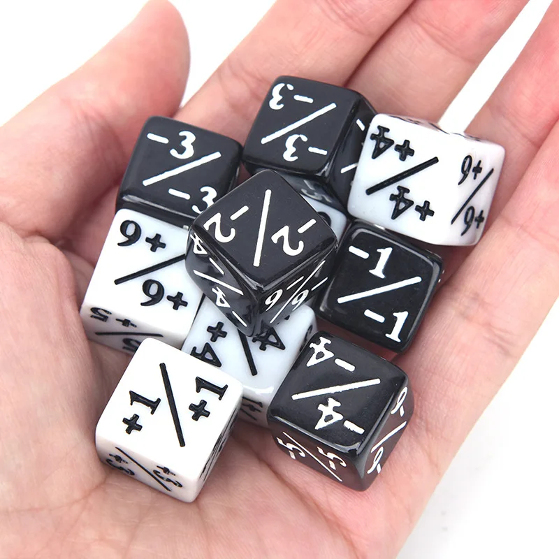 10pcs D6 Dice Counters 5 Positive +1/+1 & 5 Negative -1/-1 For Magic The Gathering Table Game Funny Dices White Black Teaching