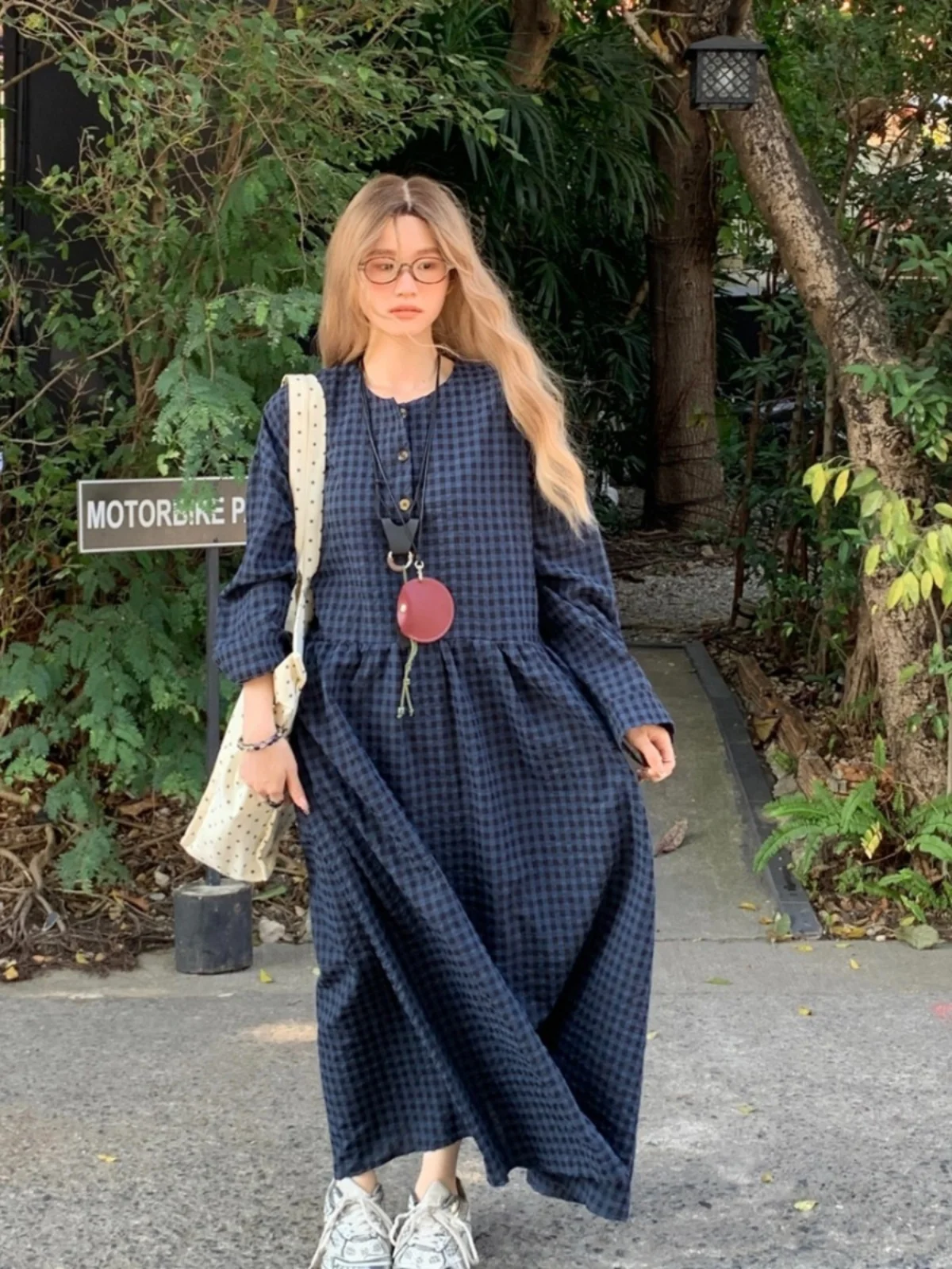 

plus Size Plaid Long Sve Women's Dr Spring New Loose Meat Covering High ade Long Skirt Korean Sle Commute Wind