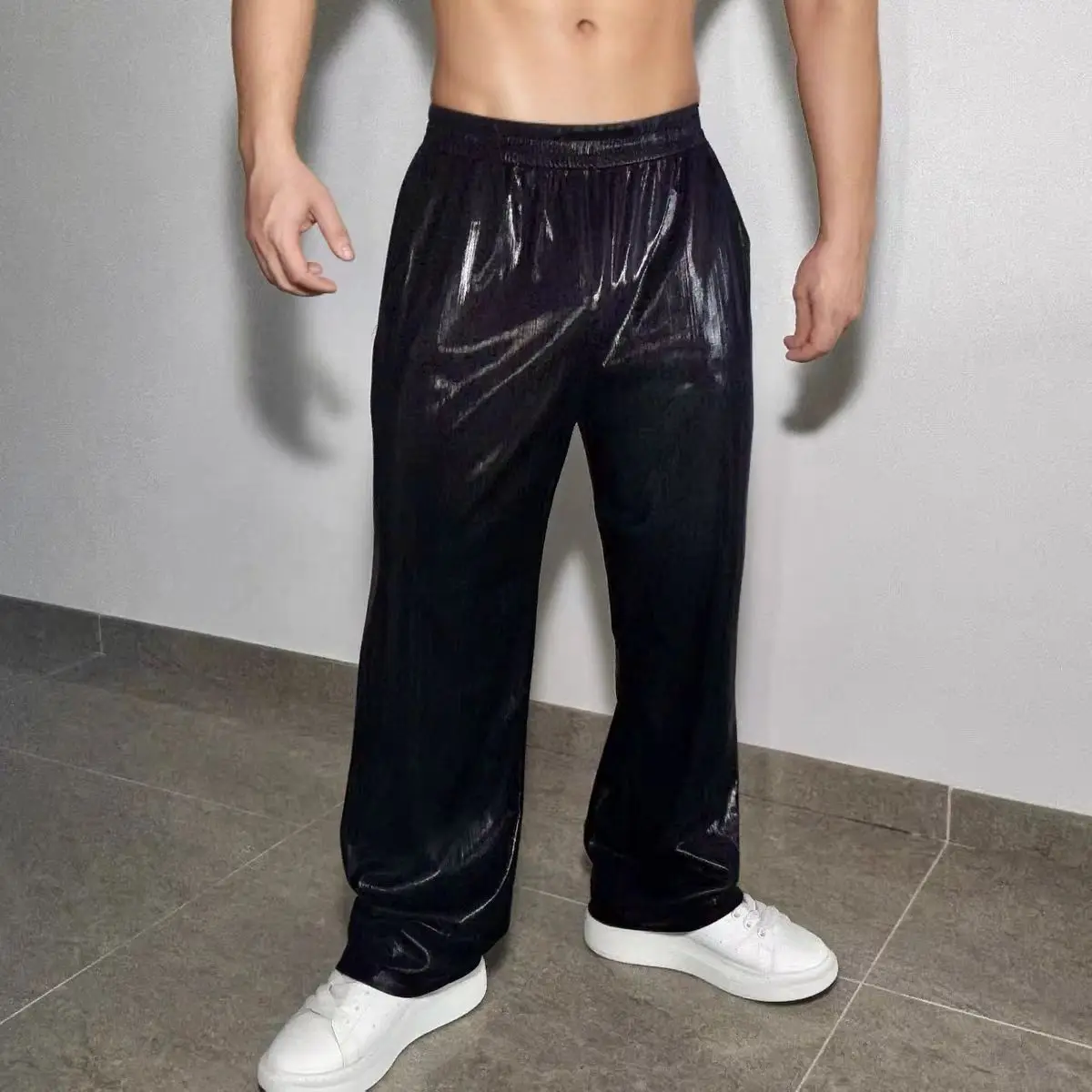 

Мужские крутые повседневные брюки из искусственной кожи, брюки для певицы, танцовщицы, сценического шоу, светоотражающие спортивные прямые брюки с микро-клеш