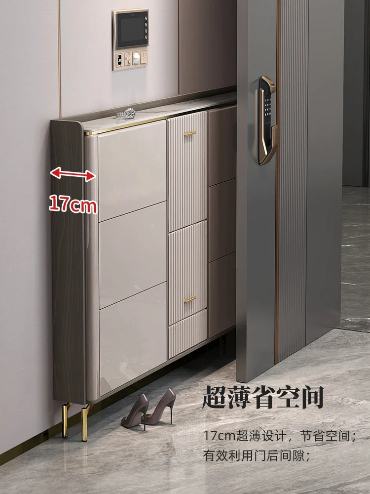 Tipping bucket shoe cabinet, light luxury, high-end belt, shoe change stool, ultra-thin 17cm foyer cabinet, rock slab, large